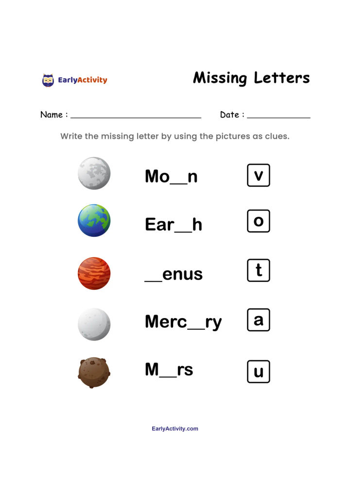 Worksheet showing the Moon, Earth, Venus, Mercury and Mars with missing letters to complete and letter choices in boxes.