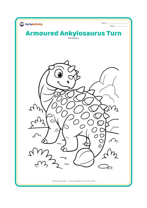 Colouring page: Show an Ankylosaurus turning its head back over its shoulder, revealing the armour along its neck, back and sides and the heavy tail club. Add low shrubs and a rocky outcrop.