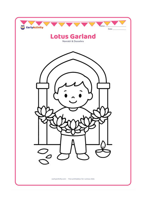 Colouring page: A child holds a large garland made of lotus flowers in front of a simple festival doorway. Add a few loose petals on the floor and a small diya to one side.