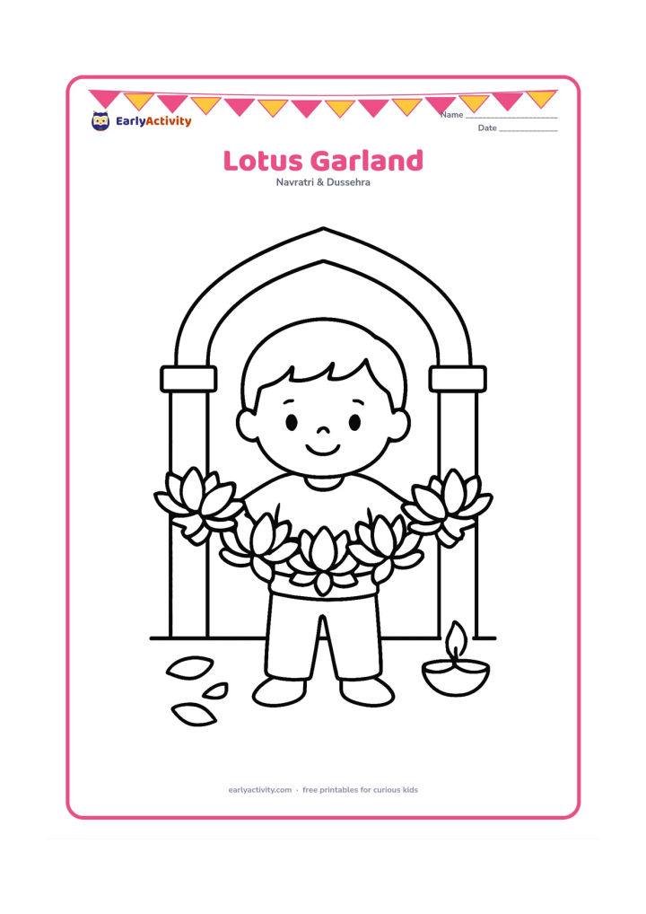 Colouring page: A child holds a large garland made of lotus flowers in front of a simple festival doorway. Add a few loose petals on the floor and a small diya to one side.