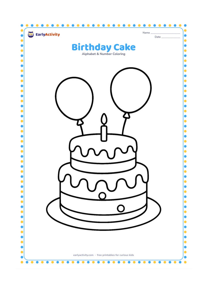 Colouring page: A three-layer birthday cake sits on a plate with large icing drips and a few round decorations. Add two simple balloons behind it, without any writing on them.