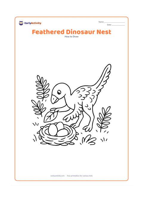 Worksheet: Show a small feathered dinosaur carefully placing a leaf beside a nest, with stages for its oval body, beaked head, bent legs, tail feathers, and nest. Add ferns and three eggs around…