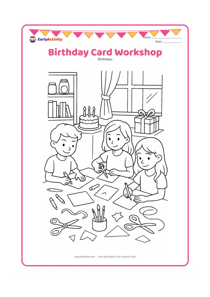 Colouring page: Three children make birthday cards around a large craft table covered with blank cards, crayons, paintbrushes, ribbons, scissors and paper shapes, while a cake and gifts decorate the…