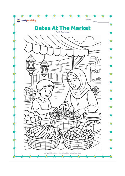 Colouring page: A child chooses dates from a market stall with an adult, surrounded by baskets of fruit, hanging lanterns, cloth canopies, a weighing scale, and an Indian street scene.