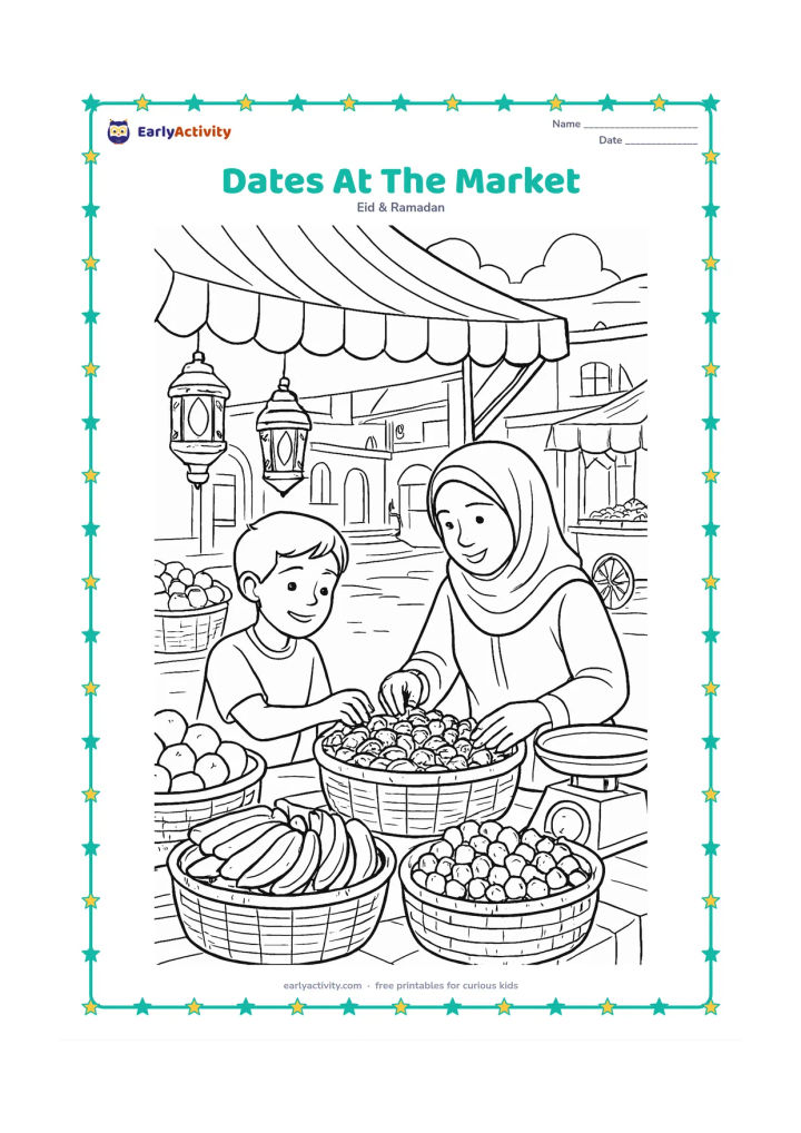 Colouring page: A child chooses dates from a market stall with an adult, surrounded by baskets of fruit, hanging lanterns, cloth canopies, a weighing scale, and an Indian street scene.