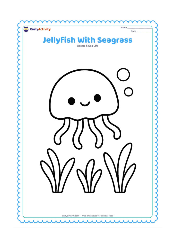 Colouring page: Draw one large jellyfish floating above three simple clumps of seagrass. Give it a rounded bell and five short, looping tentacles, with two large bubbles nearby.