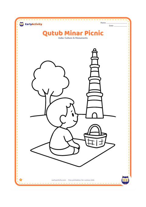 Colouring page: Show a child sitting on a simple picnic mat in the courtyard, looking toward Qutub Minar. Add a small basket, one tree, and the tower in the background.