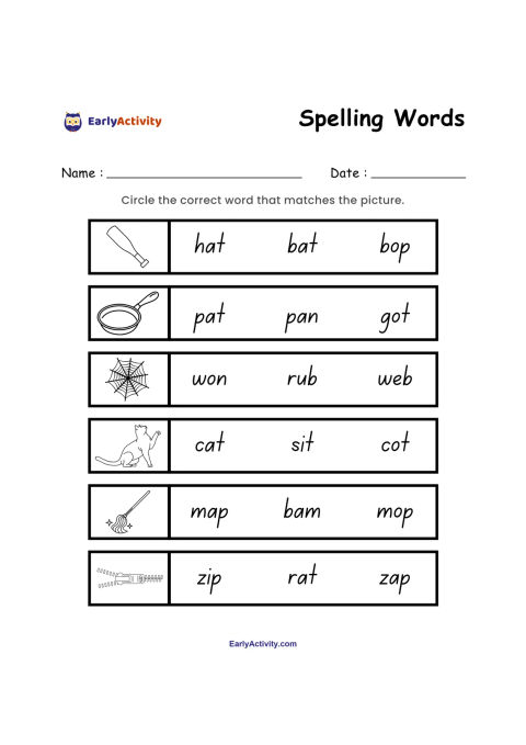 Worksheet with six pictures and word choices. Children circle the matching words for a bat, pan, spider web, cat, mop and zip.