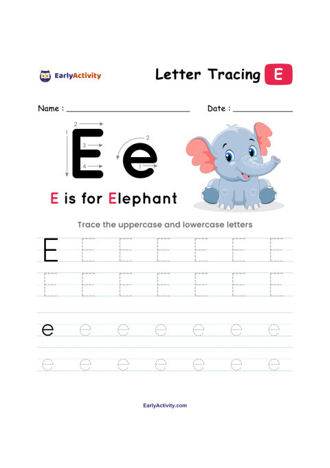 ورقة تلوين وتتبّع تعرض الحرفين E الكبير والصغير، وفيلًا، وكلمة elephant.
