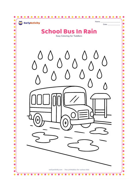 Colouring page: Draw a school bus driving slowly on a wet road beneath large raindrops, with a covered bus shelter and puddles nearby. Keep the bus completely free of letters, numbers and route markings.