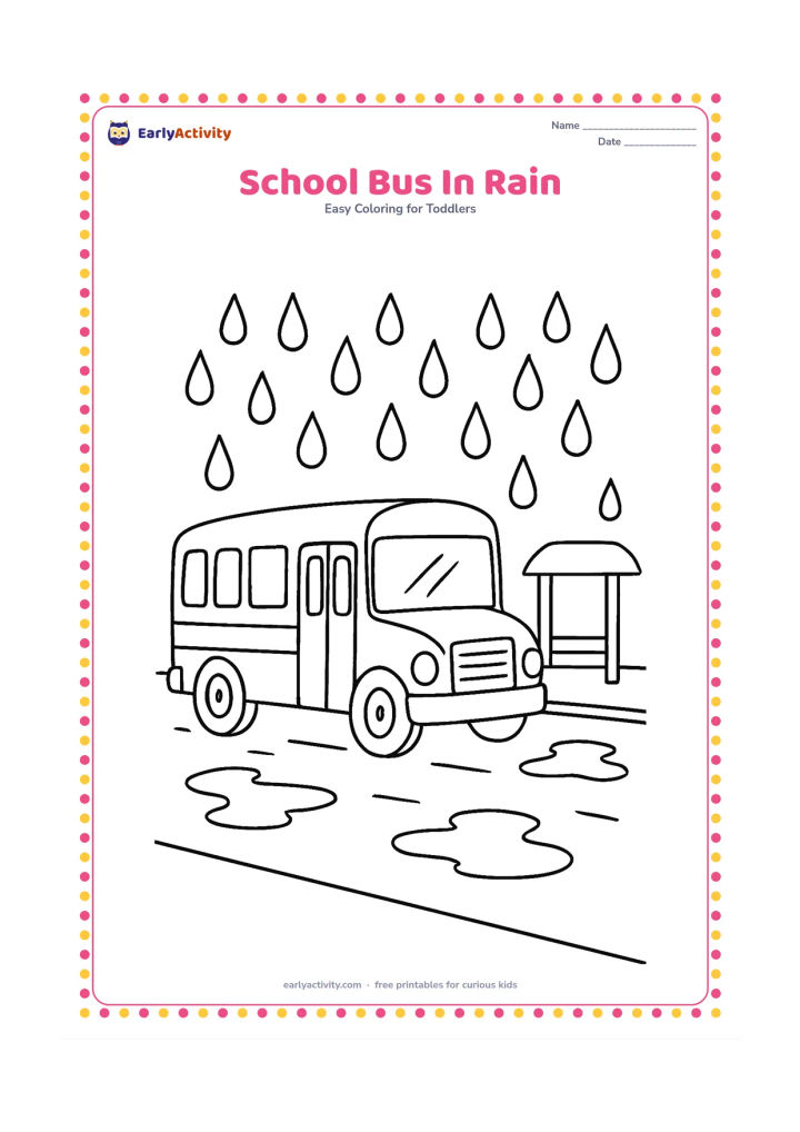 Colouring page: Draw a school bus driving slowly on a wet road beneath large raindrops, with a covered bus shelter and puddles nearby. Keep the bus completely free of letters, numbers and route markings.