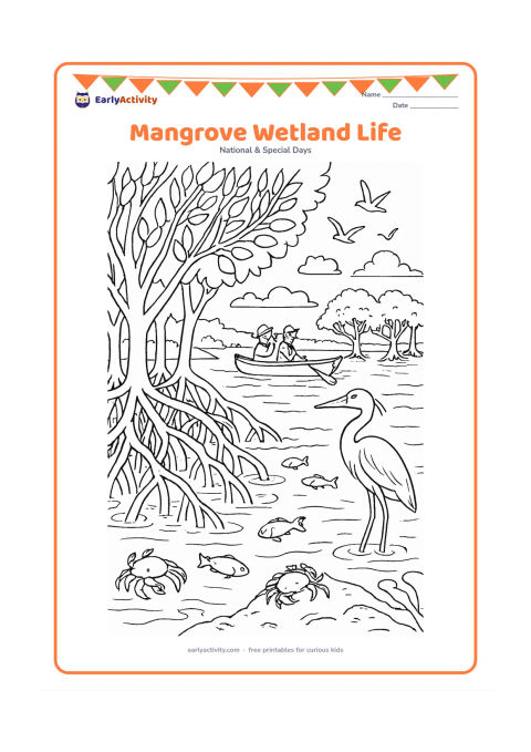 Colouring page: Draw a detailed mangrove wetland with twisting roots, shallow water, fish, crabs, a heron and a boat carrying two people who are observing the clean habitat. Include distant coastal…