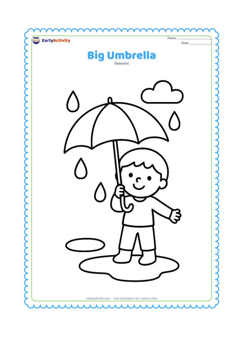 Colouring page: A smiling child holds a large open umbrella above their head while three big raindrops fall around them. Add one rounded puddle and a small cloud, leaving plenty of open spaces.