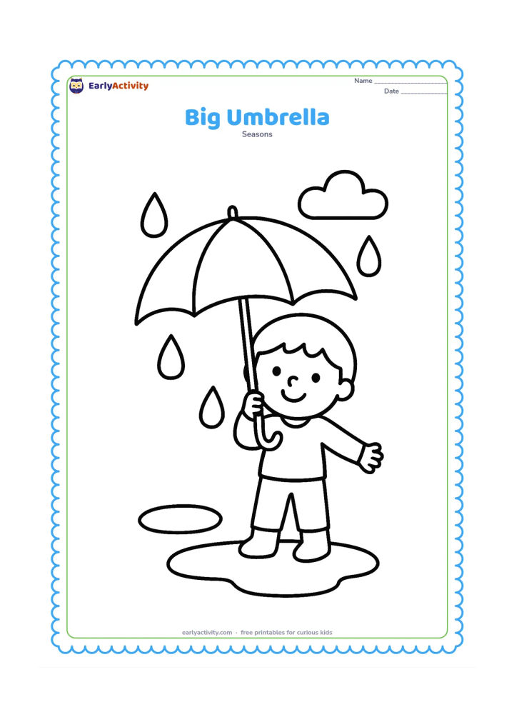 Colouring page: A smiling child holds a large open umbrella above their head while three big raindrops fall around them. Add one rounded puddle and a small cloud, leaving plenty of open spaces.