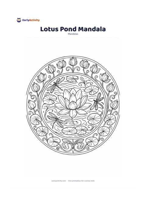 Colouring page: Create a circular pond mandala with one open lotus flower at the centre, surrounded by lily pads, curling stems, dragonflies and layered water ripples. Arrange lotus buds and leaves in…
