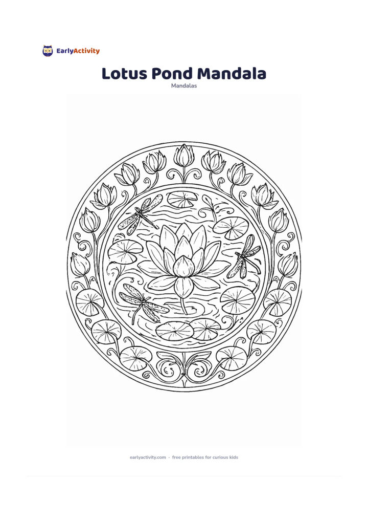 Colouring page: Create a circular pond mandala with one open lotus flower at the centre, surrounded by lily pads, curling stems, dragonflies and layered water ripples. Arrange lotus buds and leaves in…