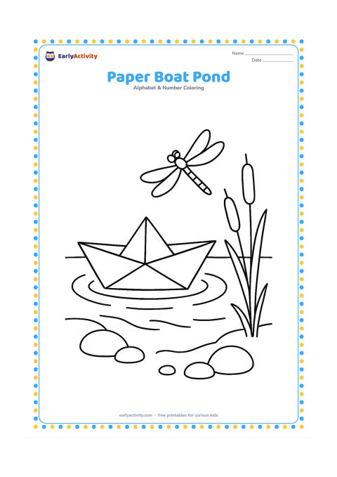 Colouring page: Draw a folded paper boat floating on a pond, with gentle ripples, two reeds and a dragonfly above the water. Place a few rounded stones along the near bank.