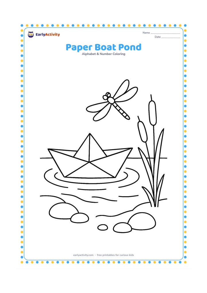 Colouring page: Draw a folded paper boat floating on a pond, with gentle ripples, two reeds and a dragonfly above the water. Place a few rounded stones along the near bank.