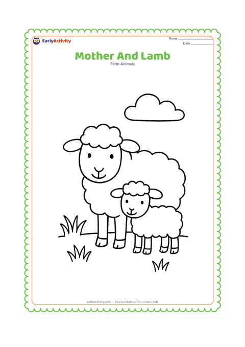 Colouring page: A mother sheep stands beside a small lamb in a grassy meadow, with one rounded cloud and a few simple grass clumps. Both animals should be fully visible.