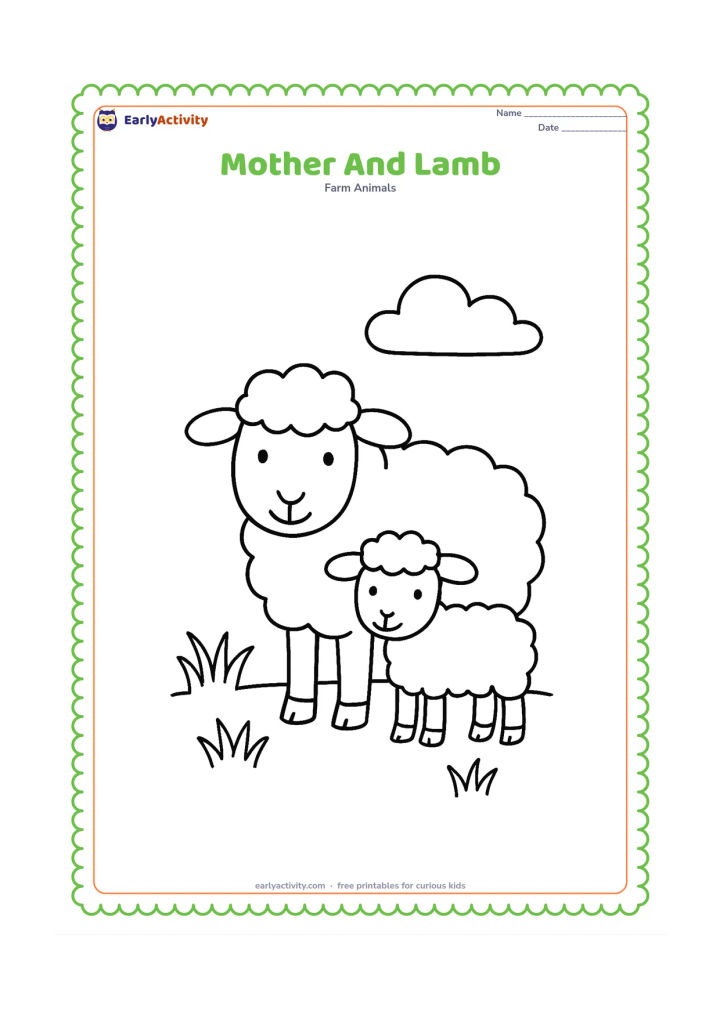 Colouring page: A mother sheep stands beside a small lamb in a grassy meadow, with one rounded cloud and a few simple grass clumps. Both animals should be fully visible.