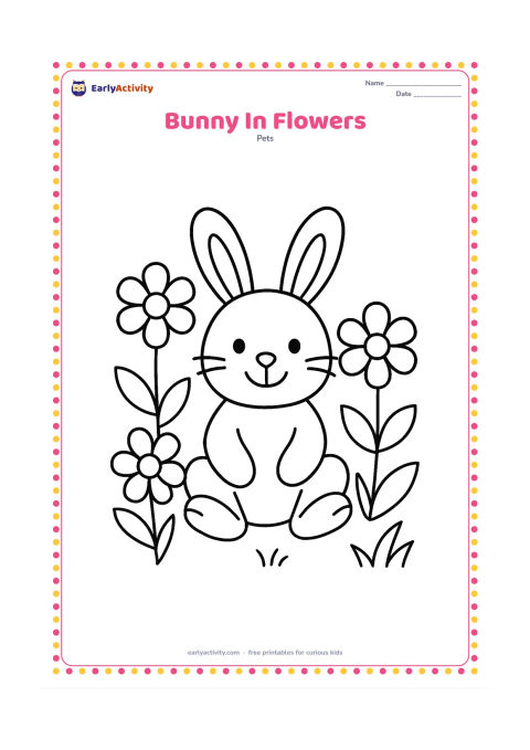 Colouring page: Draw a cheerful bunny sitting among three large flowers and a few broad leaves. The bunny should be the largest object, with simple petals, grass, and a clear smiling face.