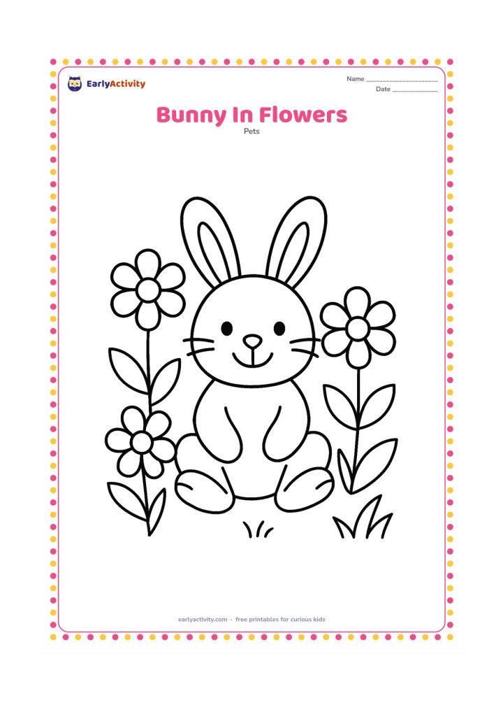 Colouring page: Draw a cheerful bunny sitting among three large flowers and a few broad leaves. The bunny should be the largest object, with simple petals, grass, and a clear smiling face.