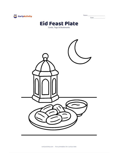 Worksheet: A round plate of dates and a small bowl sit on a simple table, with a lantern and crescent moon behind them. Leave the upper corner and table edge open for a personal message.