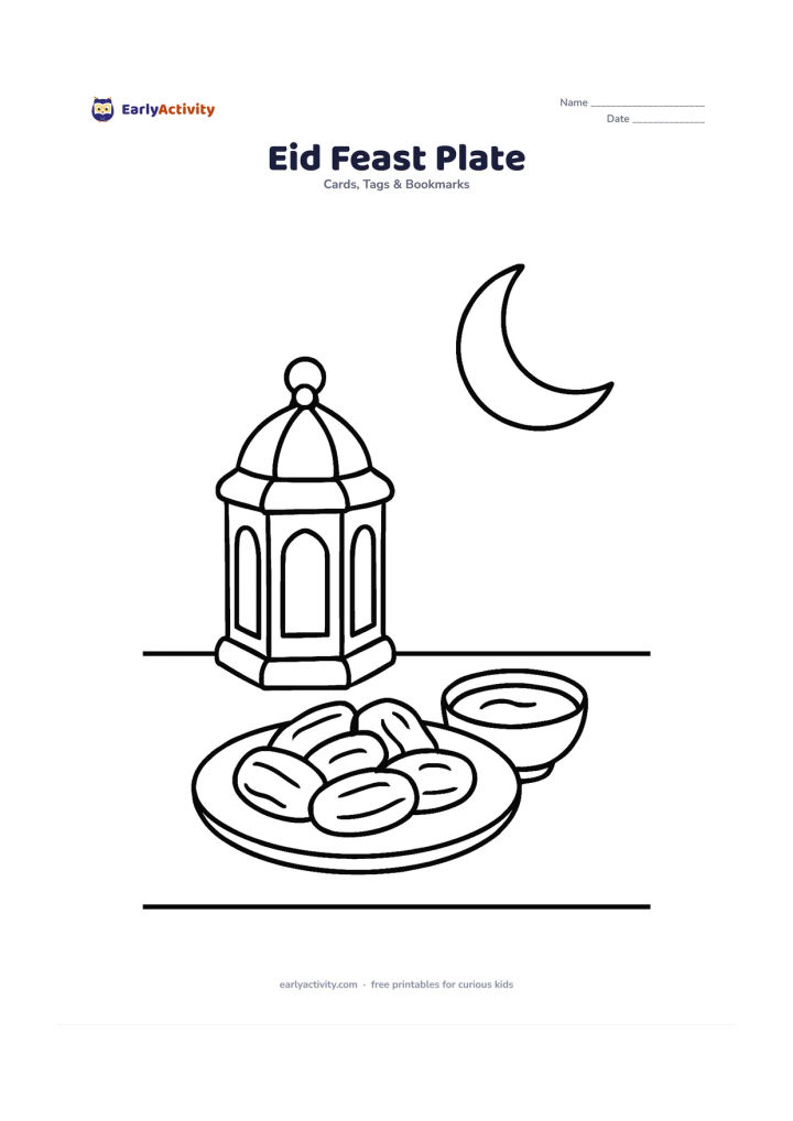 Worksheet: A round plate of dates and a small bowl sit on a simple table, with a lantern and crescent moon behind them. Leave the upper corner and table edge open for a personal message.