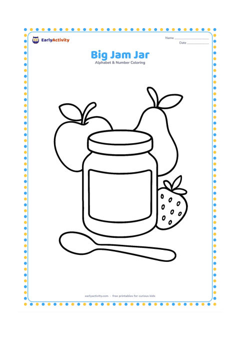 Colouring page: Draw one large open jam jar with a rounded lid beside it and a simple spoon resting near the jar. Add a few large fruit shapes behind it, with the jar centred and plenty of clear space…