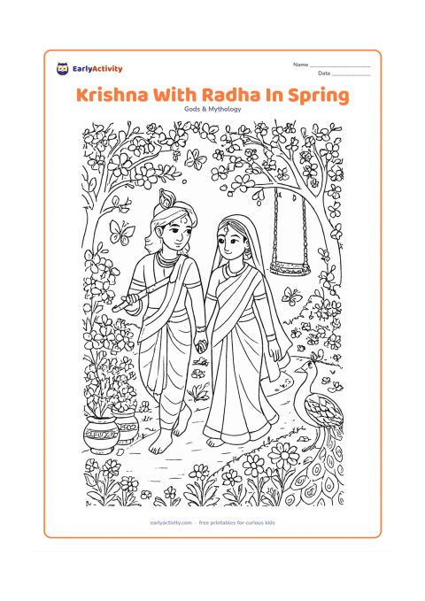Colouring page: Draw Krishna and Radha walking through a spring garden while Krishna carries his flute. Include flowering trees, butterflies, a decorated swing, a peacock, pots of flowers, and a winding…