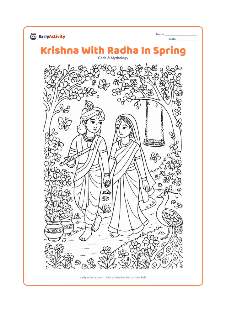Colouring page: Draw Krishna and Radha walking through a spring garden while Krishna carries his flute. Include flowering trees, butterflies, a decorated swing, a peacock, pots of flowers, and a winding…