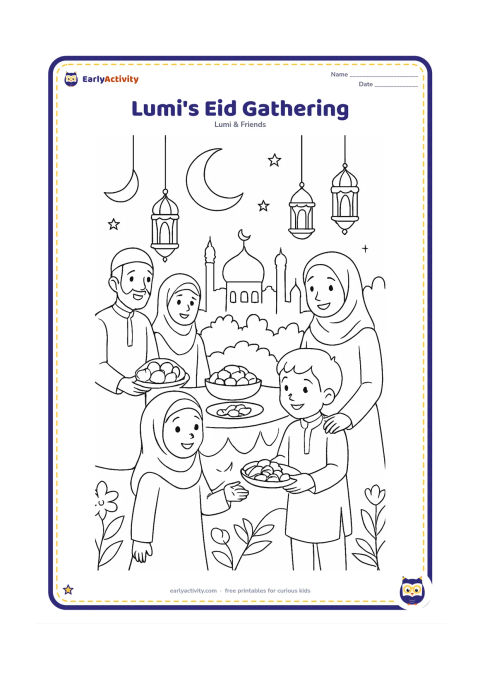 Colouring page: Lumi visits a welcoming family Eid gathering with friends sharing a plate of sweets and dates beside a decorated table. Include crescent-shaped decorations without facial features, a…