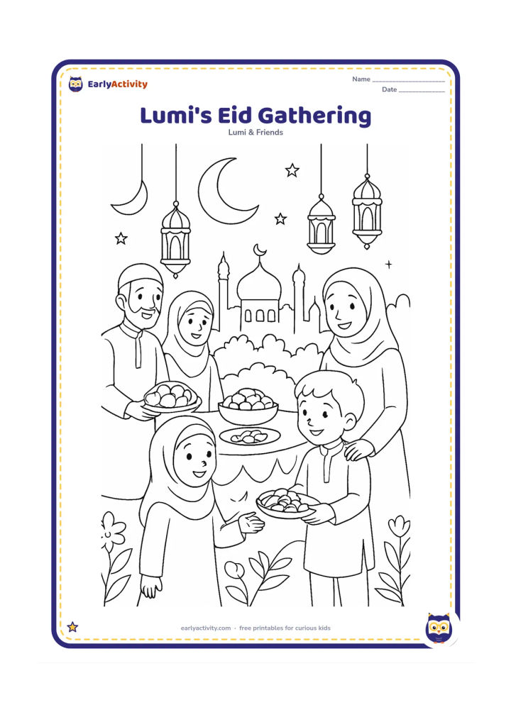 Colouring page: Lumi visits a welcoming family Eid gathering with friends sharing a plate of sweets and dates beside a decorated table. Include crescent-shaped decorations without facial features, a…