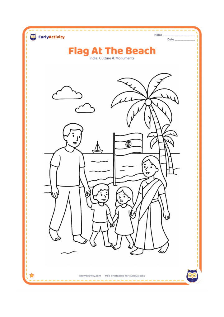 Colouring page: Draw a family walking along an Indian beach with a small Indian flag on a short pole, coconut palms, waves and a distant boat. Show the flag waving toward the sea.