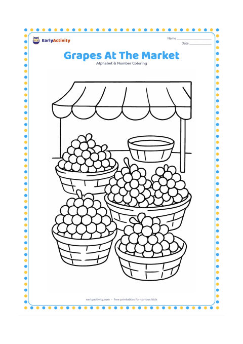 Colouring page: Several bunches of grapes sit in shallow baskets at an Indian fruit market stall, with a cloth canopy and a few plain baskets behind them. Do not include signs or price marks.