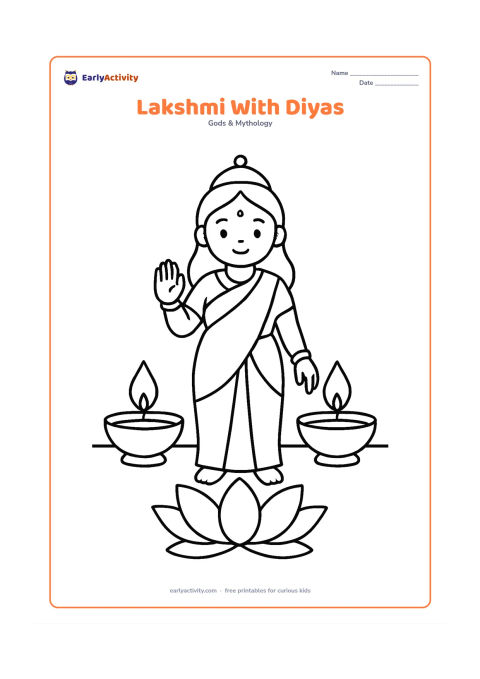 Colouring page: Draw Goddess Lakshmi standing with one raised hand in a blessing gesture beside two large lit diyas. Add a simple floor line and three large lotus petals near her feet.