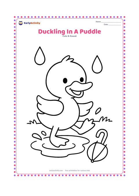 Colouring page: A smiling duckling splashes one foot in a shallow puddle. Add two large raindrops, a simple umbrella lying nearby and a low grassy bank.