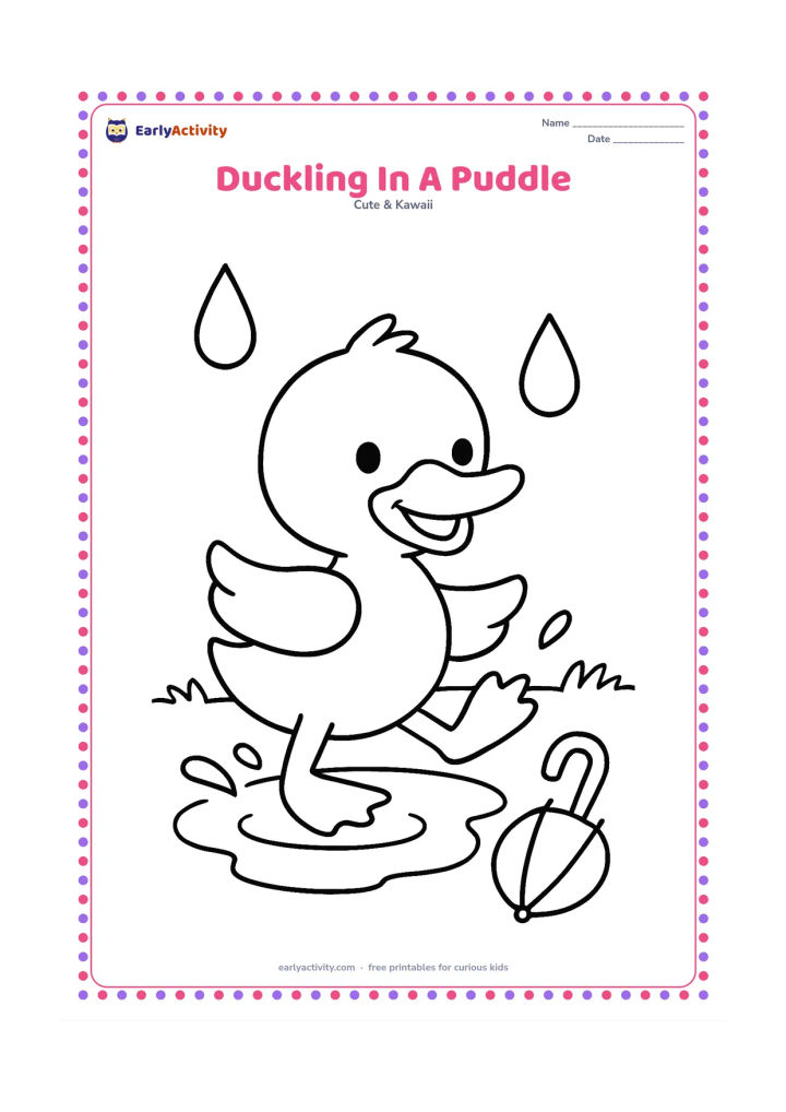 Colouring page: A smiling duckling splashes one foot in a shallow puddle. Add two large raindrops, a simple umbrella lying nearby and a low grassy bank.