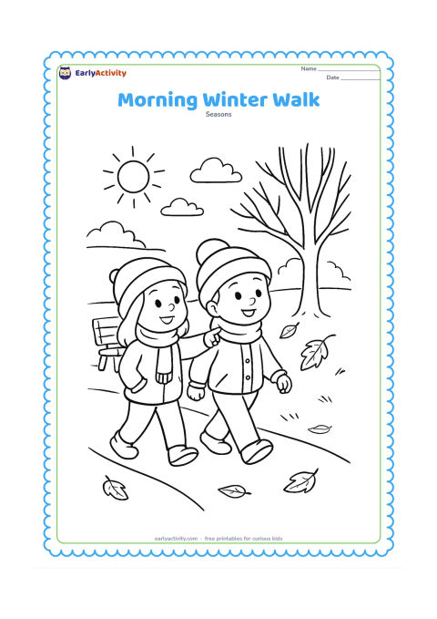 Colouring page: Two children in caps, scarves and jackets walk along a park path while one child points toward a bare tree. Add low morning sunlight, a bench and a few fallen leaves.