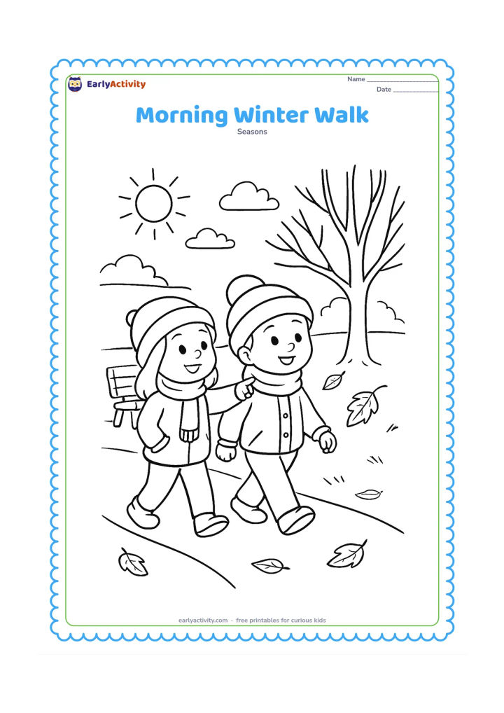 Colouring page: Two children in caps, scarves and jackets walk along a park path while one child points toward a bare tree. Add low morning sunlight, a bench and a few fallen leaves.