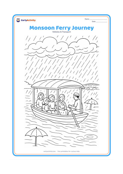 Colouring page: Draw a covered river ferry crossing during an Indian monsoon, with passengers seated inside, a boat operator at the rear, rain falling beyond the canopy, and umbrellas on the riverbank.…