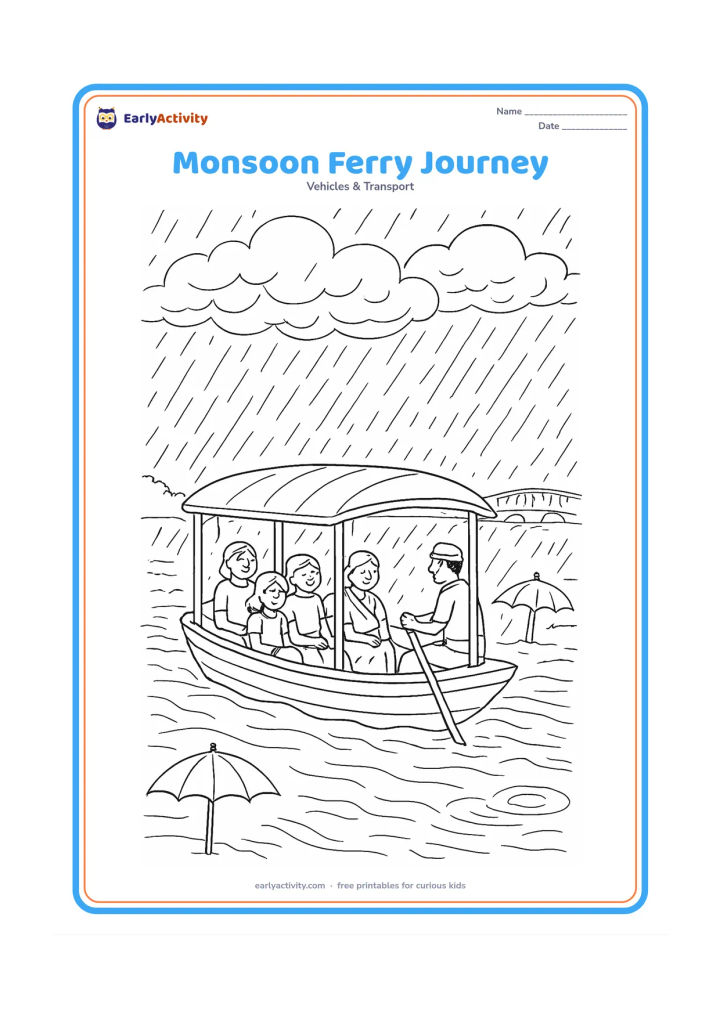 Colouring page: Draw a covered river ferry crossing during an Indian monsoon, with passengers seated inside, a boat operator at the rear, rain falling beyond the canopy, and umbrellas on the riverbank.…