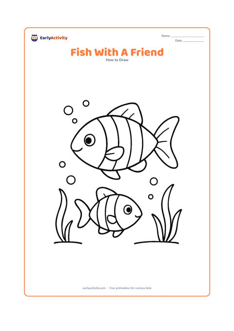 Worksheet: Show two fish swimming together in opposite directions, one larger and one smaller, with different tail shapes and simple stripe patterns. Add bubbles and two curved water plants in the…