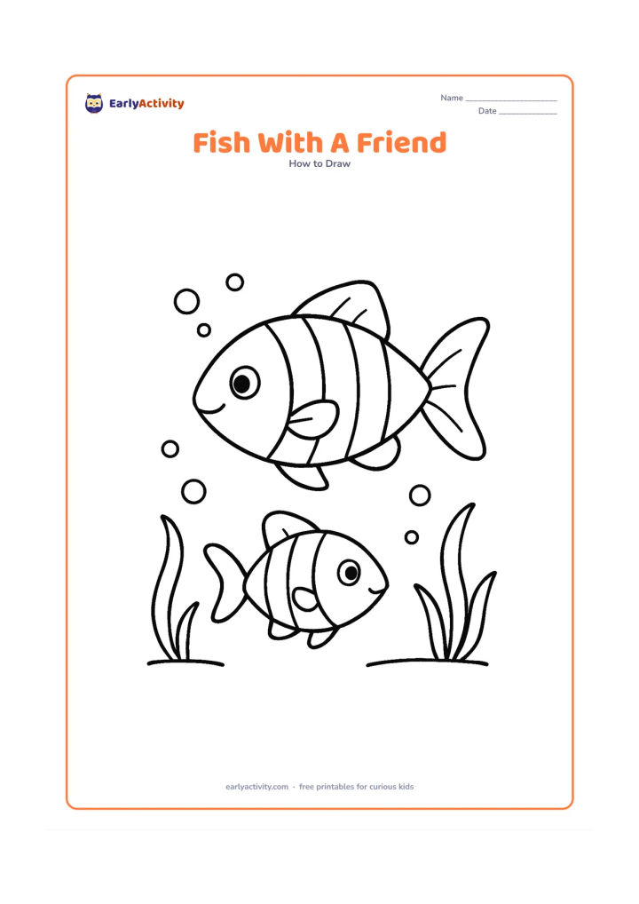 Worksheet: Show two fish swimming together in opposite directions, one larger and one smaller, with different tail shapes and simple stripe patterns. Add bubbles and two curved water plants in the…