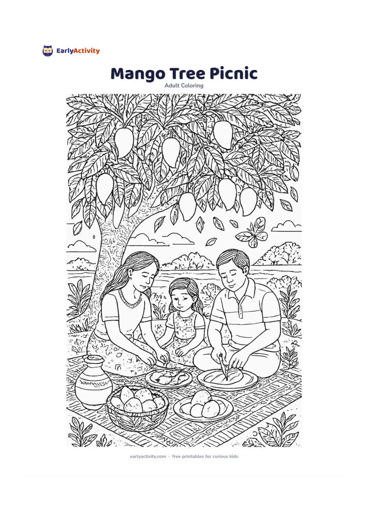 Colouring page: Show a family having a quiet picnic beneath a large mango tree in summer, with a woven mat, fruit basket, clay water pot, birds, butterflies, and distant fields. Include one person…