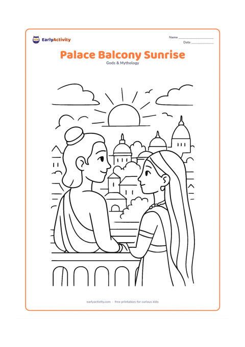 Colouring page: Ram and Sita stand on a palace balcony looking toward a rising sun over Ayodhya rooftops, with domes, trees, and birds in the distance.