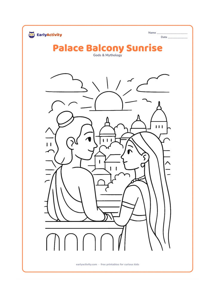 Colouring page: Ram and Sita stand on a palace balcony looking toward a rising sun over Ayodhya rooftops, with domes, trees, and birds in the distance.