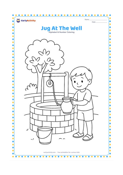 Colouring page: Draw a child filling a metal jug at a village well, with a low wall, a bucket, and a leafy tree nearby. Show the child standing safely beside the well rather than leaning over it.