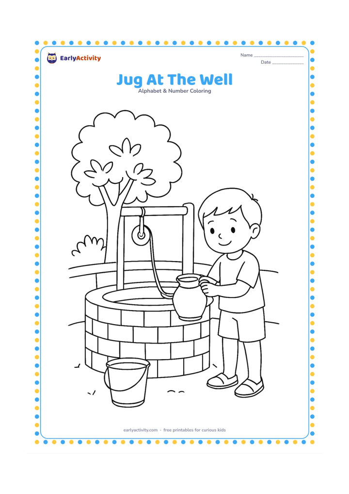 Colouring page: Draw a child filling a metal jug at a village well, with a low wall, a bucket, and a leafy tree nearby. Show the child standing safely beside the well rather than leaning over it.