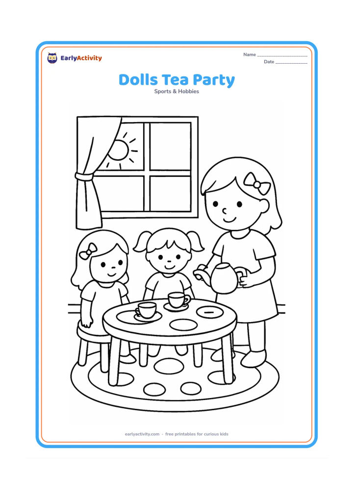 Colouring page: Two dolls sit at a small table with toy cups, plates and a teapot while a child serves pretend tea. Add a patterned rug and a sunny window in the background.